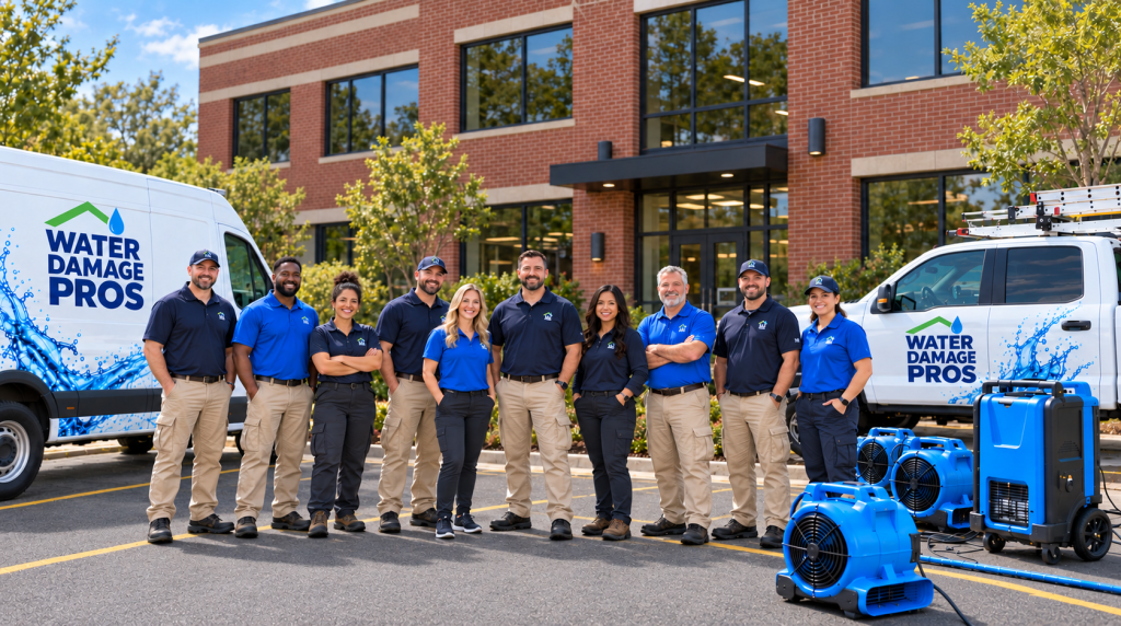 Water Damage Pros team with restoration vehicles and drying equipment